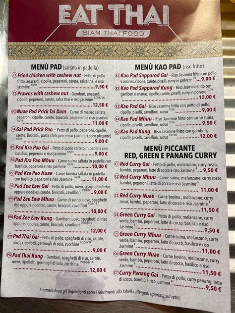 Menu at Eat Thai restaurant, Sassari