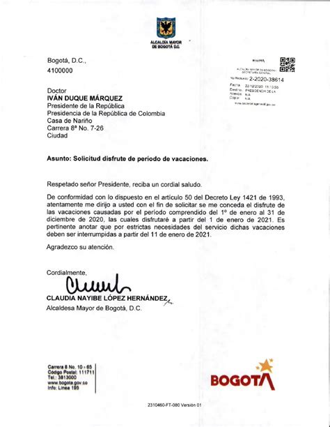 Esta Fue La Carta Con La Que Claudia López Le Solicitó Unas Vacaciones