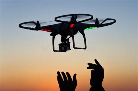 Flying Drone With Camera On The Sky At Sunset Stock Image Image Of