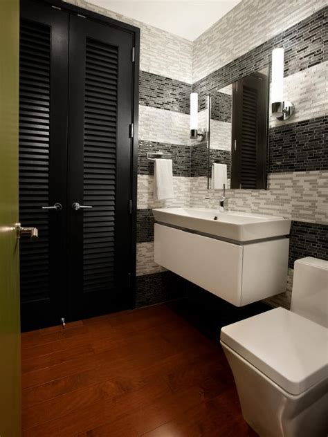 Monochromatic Contemporary Powder Room With Mosaic Tile Stripes Hgtv