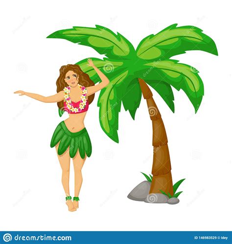 Beautiful Hawaiian Girl Dancing Hula Dance On The Background Of The Hawaiian Landscape Cartoon