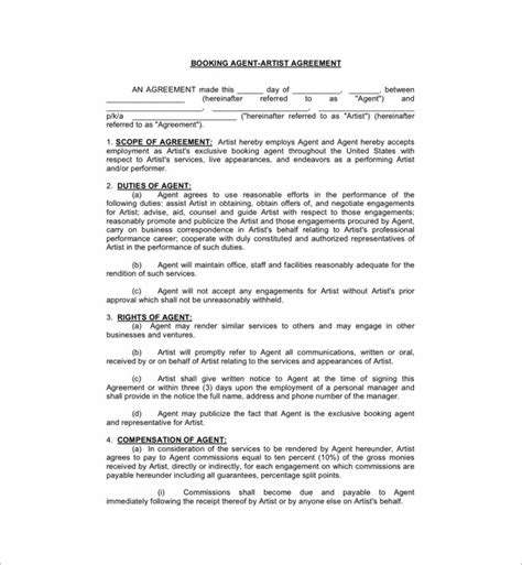 booking agent contract templates  word