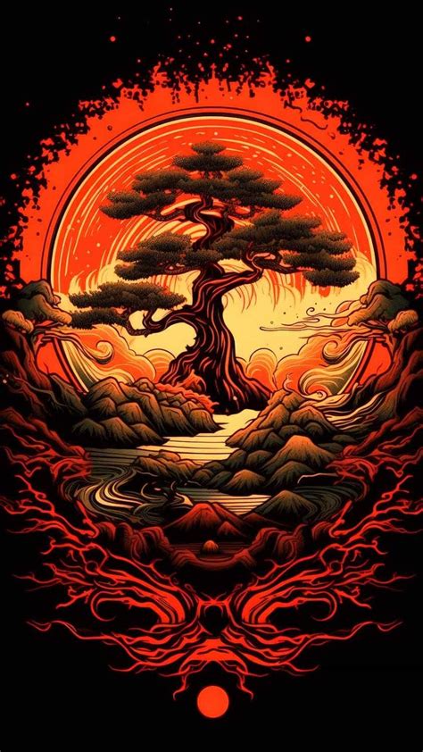 An Orange And Black Poster With A Tree In The Middle Surrounded By