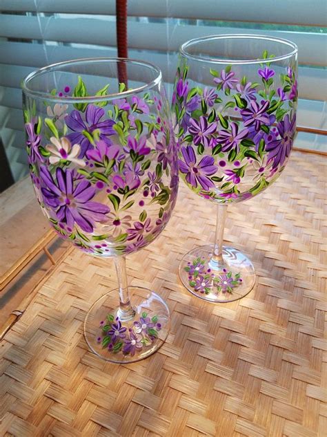 Purple Floral Hand Painted Wine Glass Colorful Wine Glass Etsy Painted Wine Glass Hand