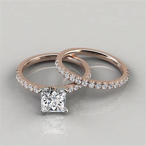 Moissanite French Pave Cut Engagement Ring And Wedding Band Set