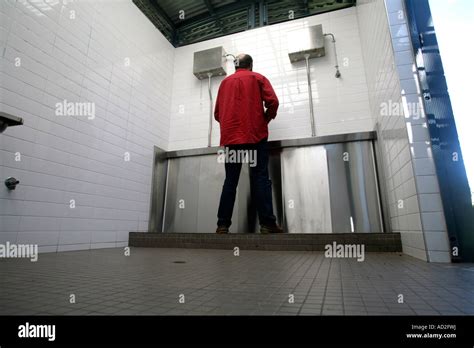 A Man Urinates In A Modern Public Toilet Stock Photo Alamy