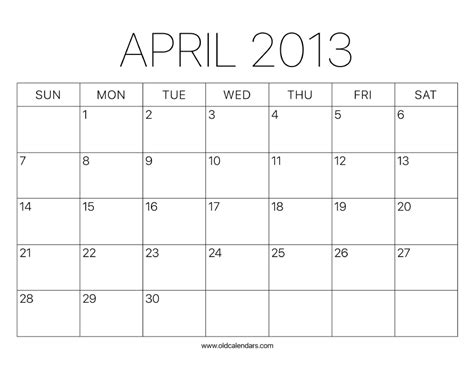 2013 Calendar April Printable Old Calendars