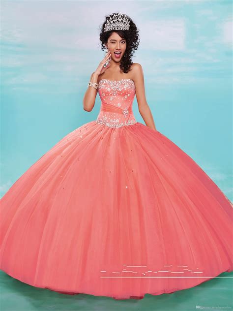 Mary S Coral Quinceanera Dresses Winter Strapless Neckline Beaded Crystals Sequins Tulle