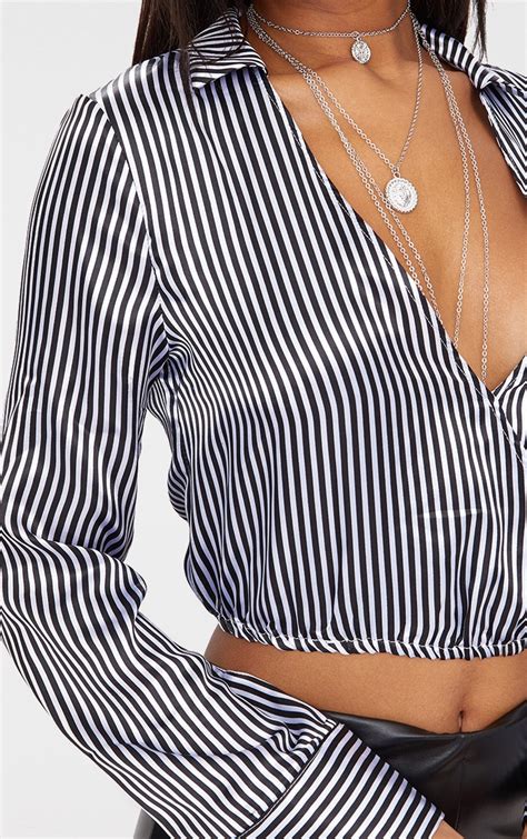 grey white stripe satin pinstripe crop shirt prettylittlething