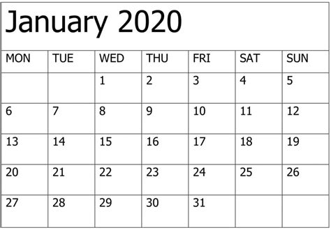 Print January 2020 Calendar Template