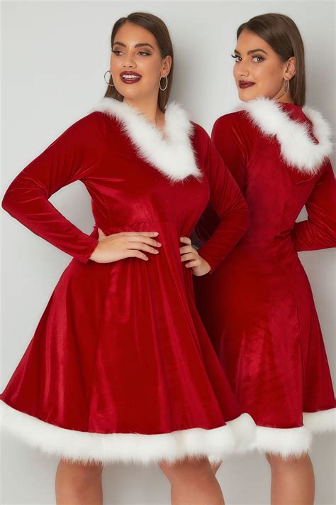 Red Santa Skater Dress With Faux Fur Trims Plus Size 16 To 32