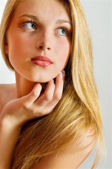 Beautiful Blond Girl Blonde Hair Face Close Up With Perfect Skin Healthcare And Beauty
