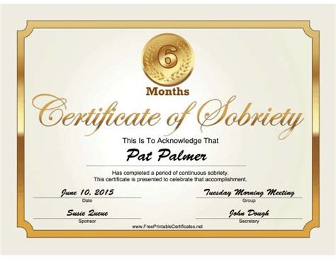 6 Months Sobriety Certificate Gold Printable Certificate Inside Fresh