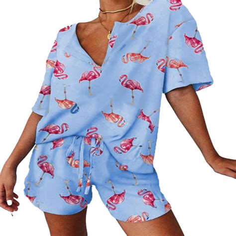 Sysea Summer Women S V Neck Pajamas Suit Plus Size Flamingo Short Sleeved Topandelastic Waist