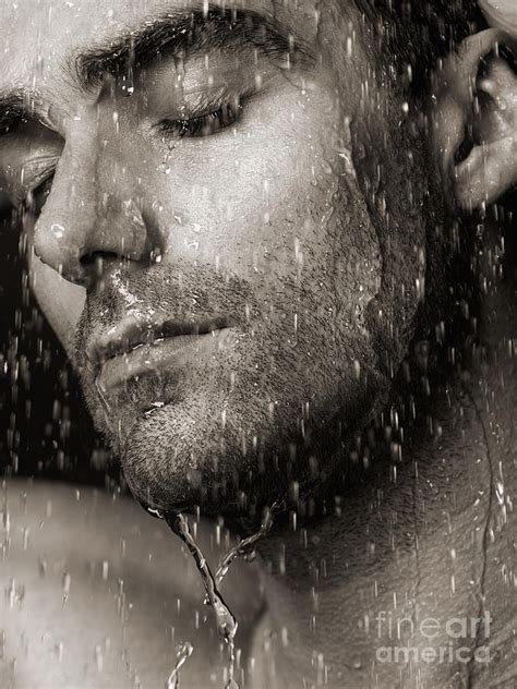 Sensual Portrait Of Man Face Under Pouring Water Black And White