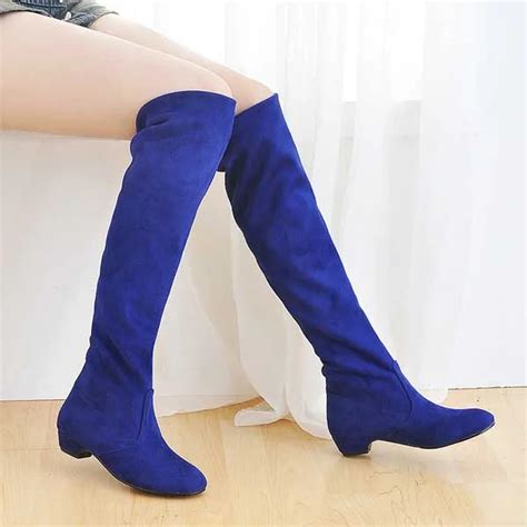 2016 summer new sexy blue high heel boots for women fashion flat women boots hkl 9 6 in knee