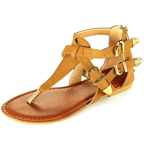 Womens Gladiator Sandals T Strap Thongs Roman Flats Back Zipper Flip