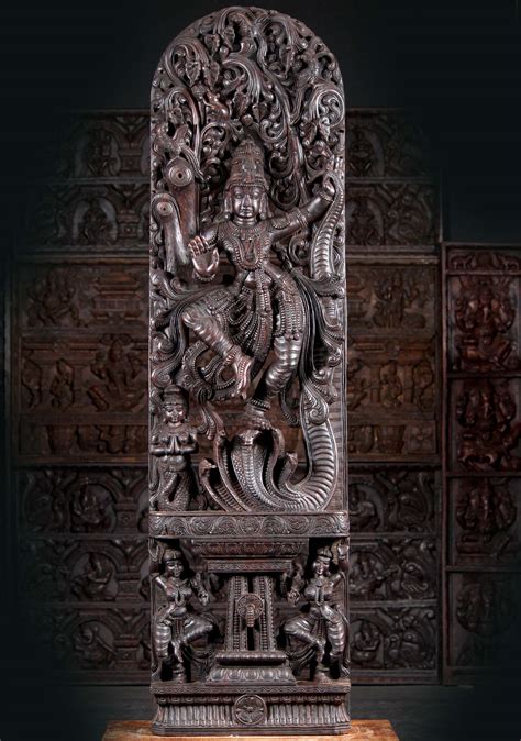 Tall Wood Lord Krishna Statue Dancing On The 5 Heads Of The Serpent