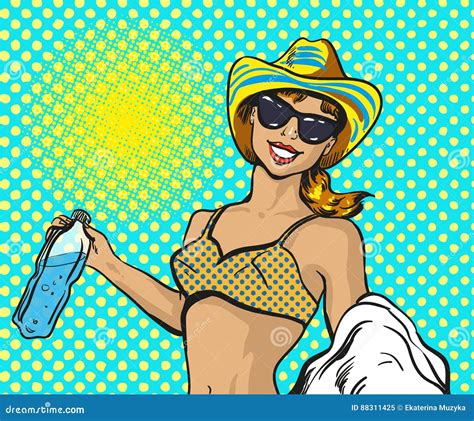 Vector El Ejemplo Del Arte Pop De La Mujer En Traje De Baño En La Playa Ilustración del Vector
