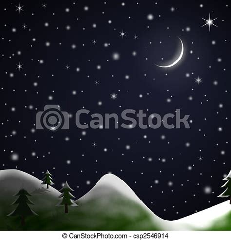 Christmas Scene Starry Snowy Night Illustration Of A Star Lit Winter