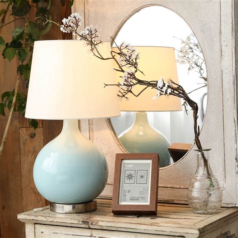 Decorative Light Blue Ceramic Table Lamp With Beige Fabric Shade One