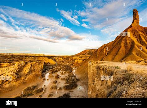 Sunset On Bardenas Reales Castildetierra National Landmark Stock Photo