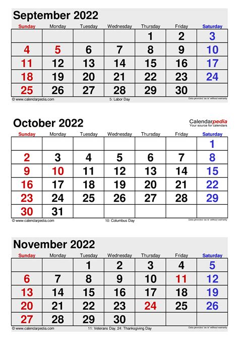 3 Month Printable Calendar September October November 2022 February
