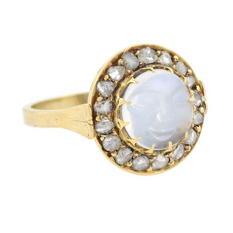 Art Nouveau 14kt Carved Moonstone Diamond Man In The Moon Ring A