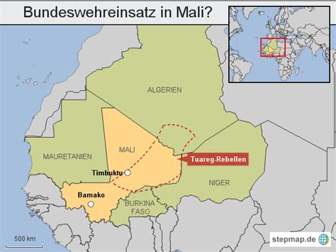 Bei einem selbstmordanschlag im westafrikanischen mali auf eine patrouille deutscher soldaten sind zwölf deutsche soldaten verletzt worden. StepMap - Bundeswehreinsatz in Mali? - Landkarte für Mali