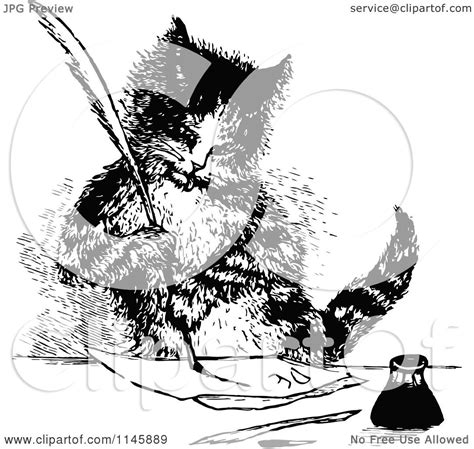 Clipart Of A Retro Vintage Black And White Cat Writing A