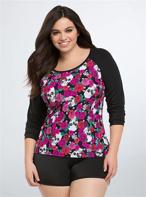 Floral Skull Rash Guard Plus Size Swimwear Modest Swimwear Plus Size