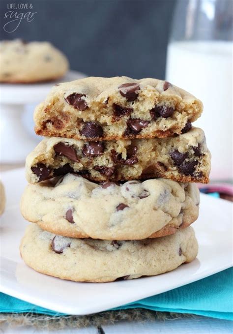 Three Chocolate Chip Cookies Stacked On Top Of Each Other