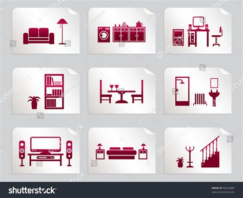 Red Home Interior Design Icons On Stickers Stock Vector Illustration
