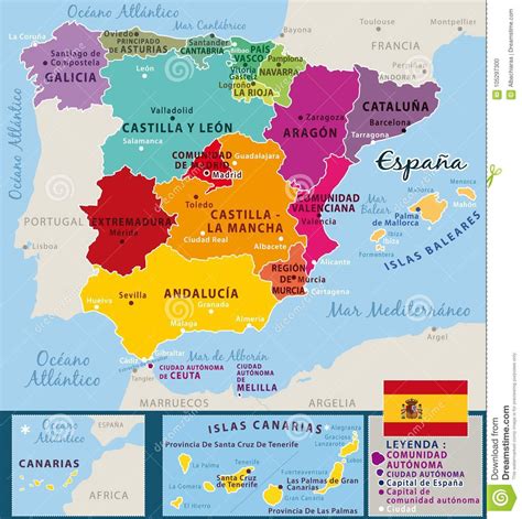 Colorful Map Of Spain Federal Countries And Important Cities Stock