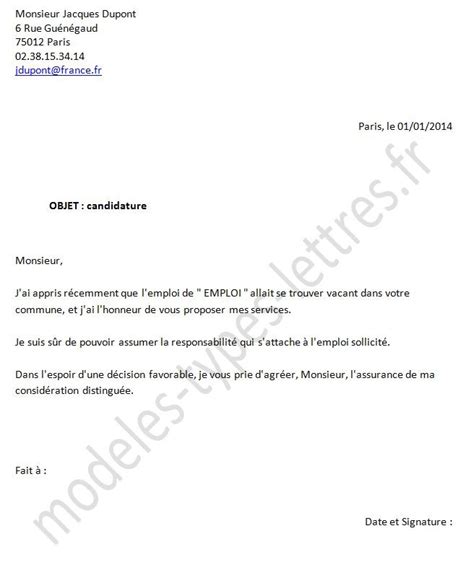 lettre pour demande d'emploi  Modele de lettre type