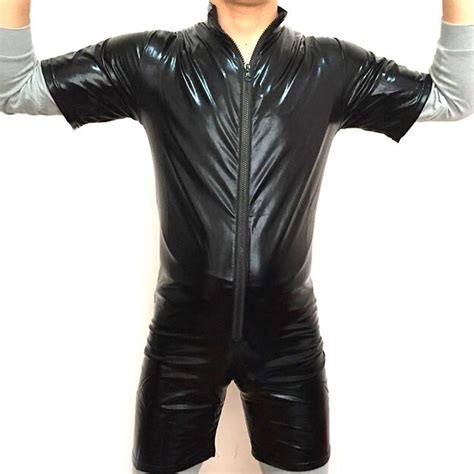 black men novelty pvc leather bodysuit open crotch zipper jumpsuit mens fetish latex clubwear
