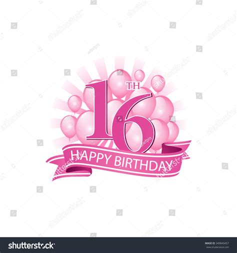 16th Pink Happy Birthday Logo With Balloons And Burst Of Light Stock