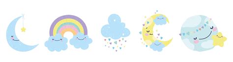 Cute Little Moons Clouds And A Rainbow Set 1236419 Vector Art At Vecteezy