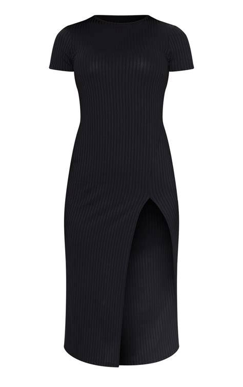 Black Ribbed Short Sleeve Split Midaxi Dress Prettylittlething Usa