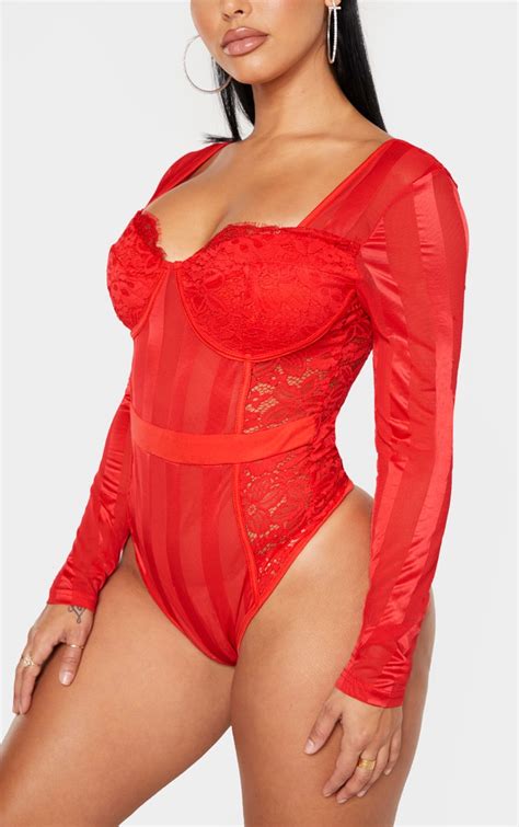 shape red lace mesh stripe bodysuit prettylittlething usa