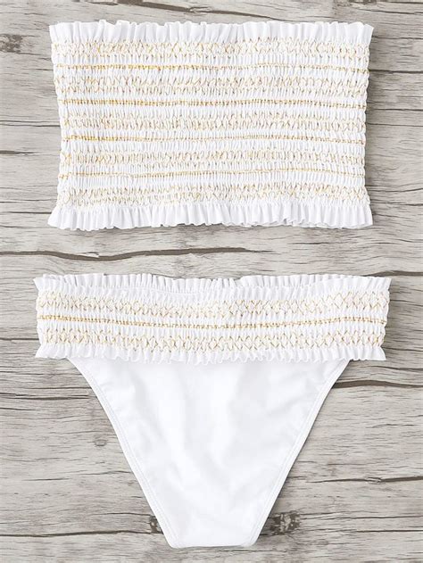 White Geo Stitch Shirred Bandeau Swimsuit With Bikini Bottom Bikinis