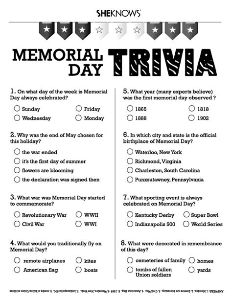 How many of these can you guess correctly? Memorial Day trivia - Free Printable Coloring Pages