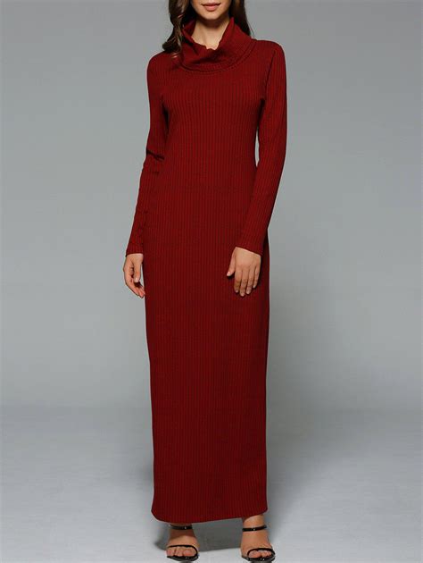Wine Red Long Sleeve Turtleneck Slit Sweater Maxi Dress RoseGal Com