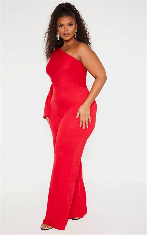 plus red one shoulder jumpsuit plus size prettylittlething ie
