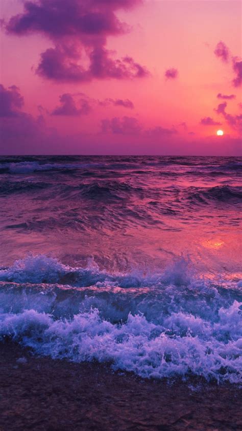 Pink Sunset Sea Waves Beach 720x1280 Wallpaper Lindas Paisagens