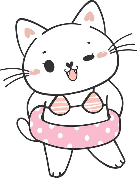 Cute Summer Funny Playful Kitten Cat In Sexy Bikini Swimsuit Cartoon