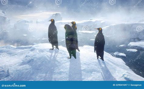 An Emperor Penguin Stands In The Middle Of A Snowstorm On A Glacier And