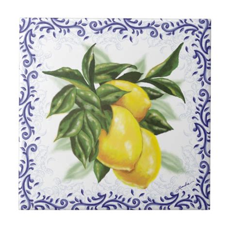 Ceramic Tile With Lemons Blue Toile Zazzle