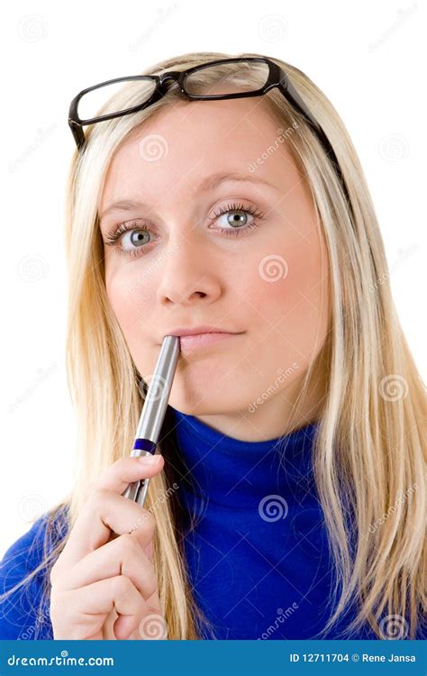 Blond Teenager With Pen Stock Photo Image Of Looks Contemplates