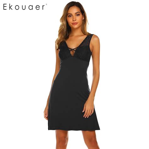 Ekouaer Lingerie Nightgown Women Sexy Sleepwear V Neck Sleeveless Lace Patchwork Loose
